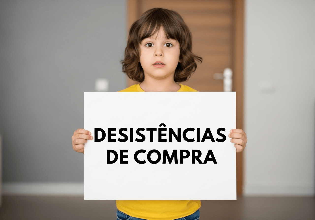 DESISTENCIAS DE COMPRAS 1 Criança do sexo masculico ( menino) segurando uma placa branca nas mãos com o titulo "DESISTÊNCIAS DE COMPRA", com camisa marela e fundo do interior de uma quarto com paredes azul.