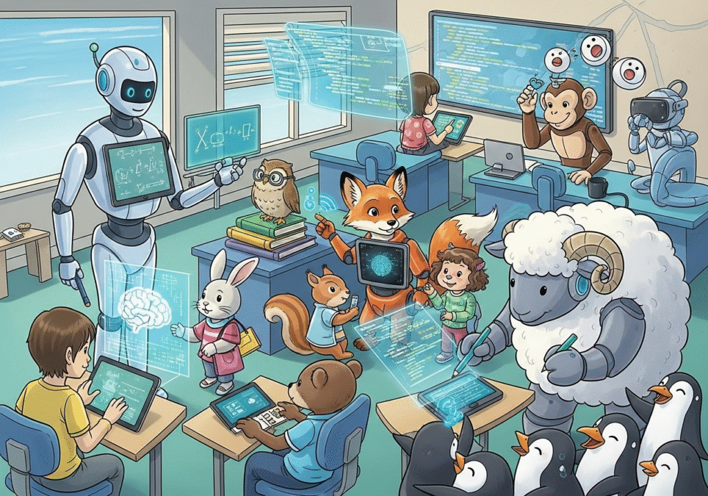 Sala de aula repleta de PET's sendo conduzidoss por professores. Um robô, uma coruja, uma raposa e um adolescente. Vários pinguins. 